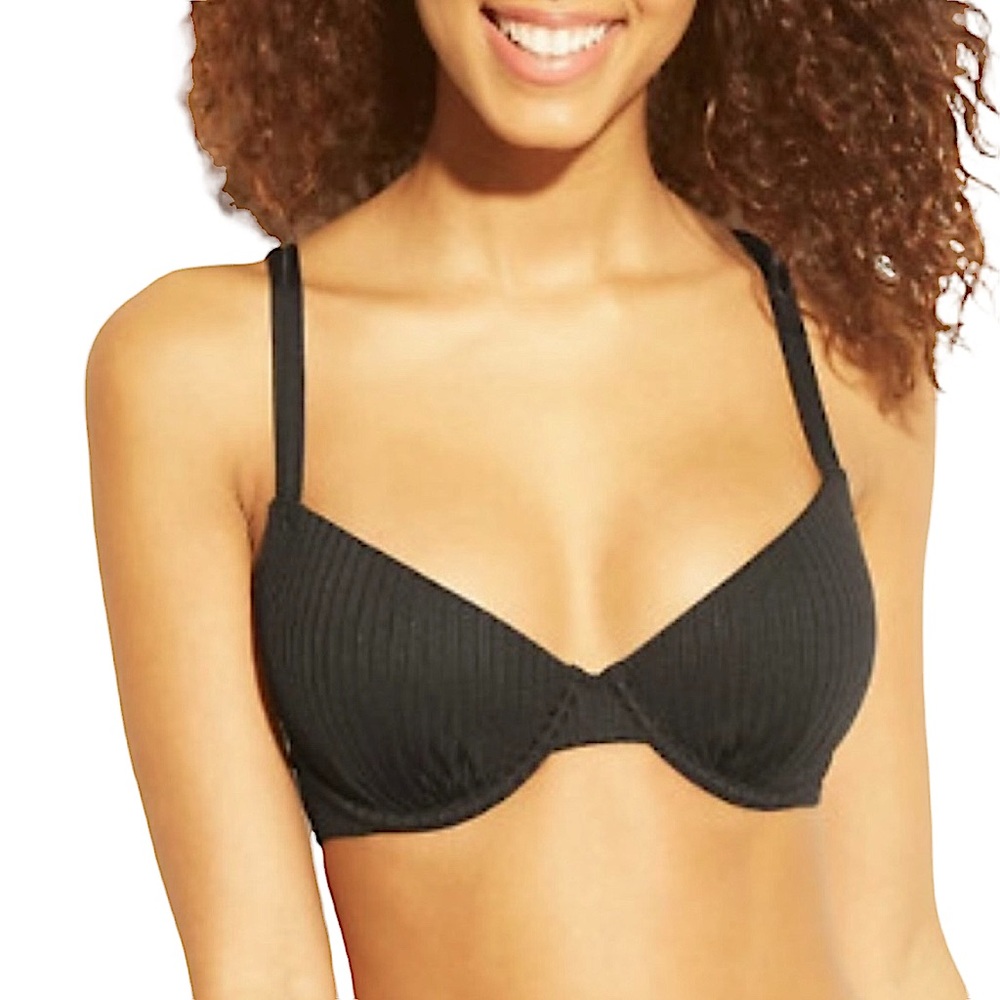 NWT Shade & Shore Cabana Light Lift Ribbed Black Bikini Top Size 32B